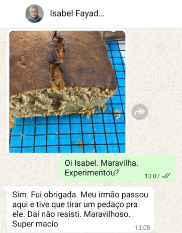 Print de WhatsApp da Isabel Fayad mostrando bolo sem glúten