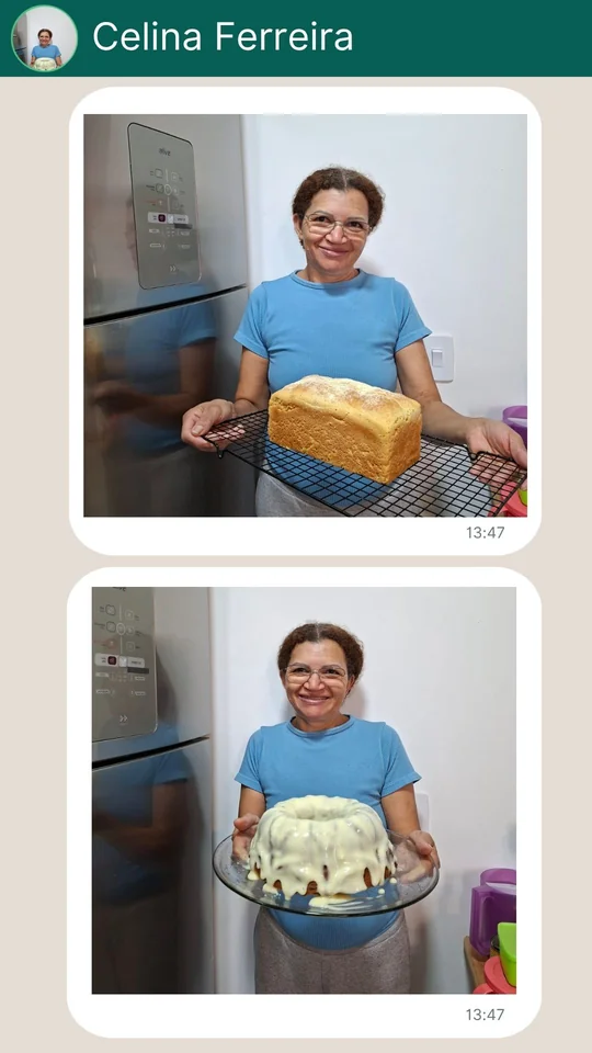 Aluna mostrando pão sem glúten feito na Imersão