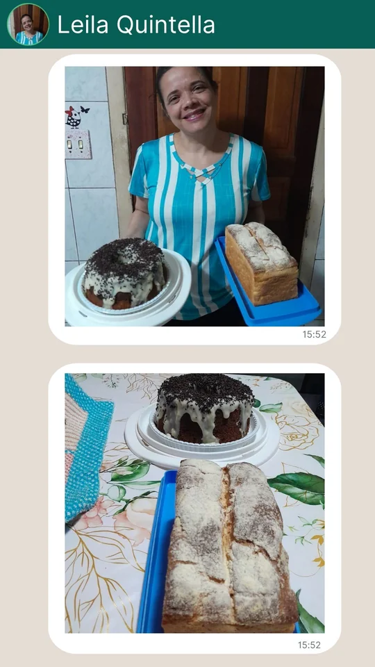 Aluna mostrando bolo sem glúten feito na Imersão